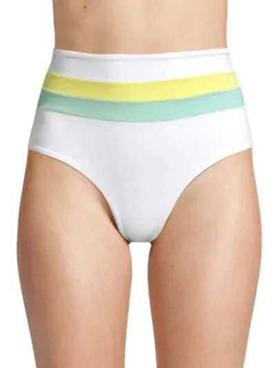 Shop L*space Colorblock Portia Striped High-rise Bikini Bottoms In White Light Turquoise Lemonade