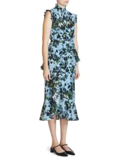 Shop Erdem Irina Floral Silk Midi Dress In Blue Green