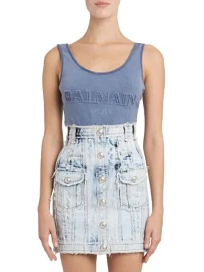 Shop Balmain Embossed Logo Bodysuit In Blue