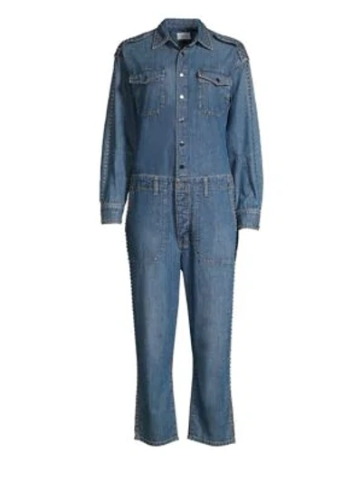 Shop Current Elliott The Crew Studded Denim Coveralls In Levy