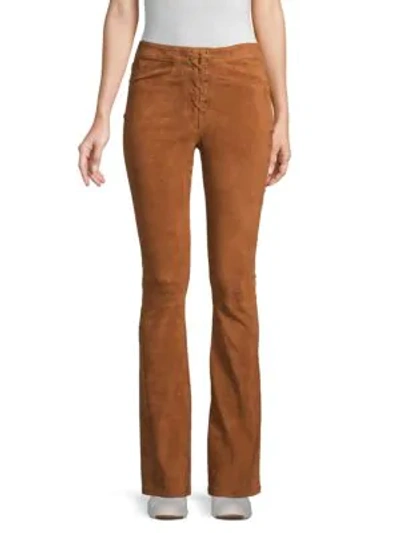 Shop Frame High-rise Mini Bootcut Suede Lace-up Pants In Terracotta
