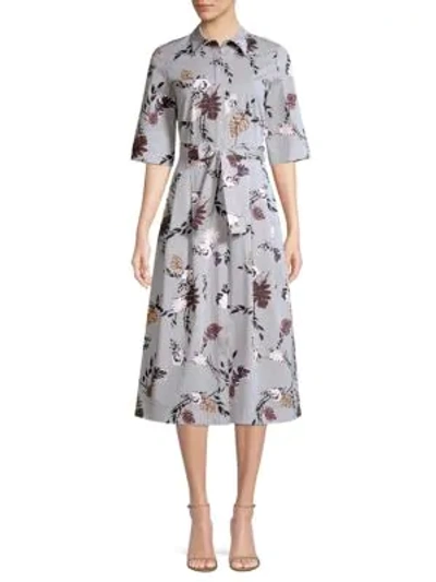 Shop Lafayette 148 Eleni Stripe Floral Print A-line Shirt Dress In Ink Multi