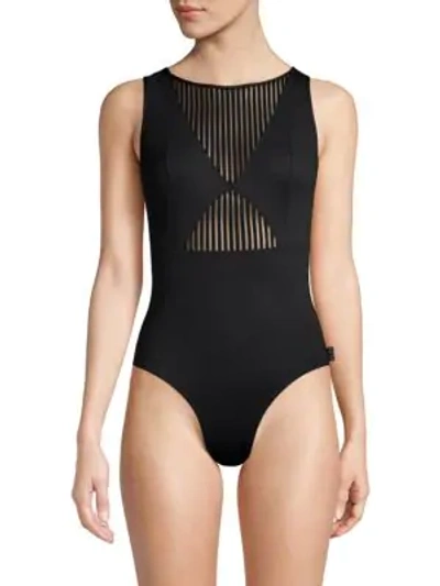 Shop Shan Clara Stripe Mesh One-piece Swimsuit In Onyx