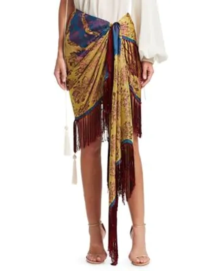 Shop Oscar De La Renta Silk Fringed Floral Wrap Skirt In Multi
