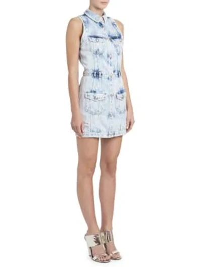 Shop Balmain Bleached Denim Mini Dress In Light Blue