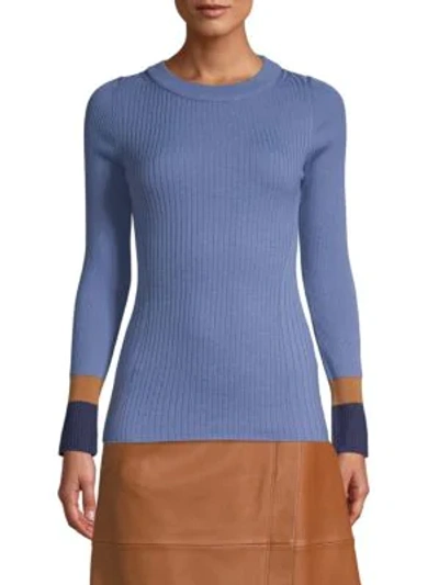 Shop Hugo Boss Fadeline Colourblock Rib-knit Wool Jumper In Soft Blue