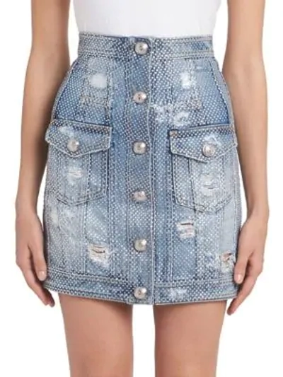 Shop Balmain High-rise Crystal Denim Mini Skirt In Blue