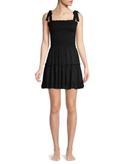 Shop Coolchange Raegan Smocked Bodice Tiered Ruffled A-line Dress In Black
