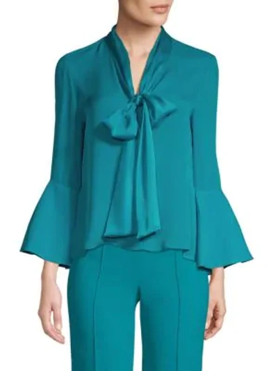 Shop Alice And Olivia Meredith Bell Sleeve Tie-neck Chiffon Blouse In Teal