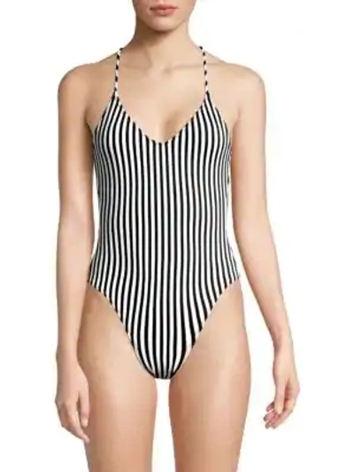 Shop Norma Kamali Fara Stripe Low Back One-piece Swimsuit In Ivy Black