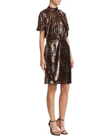 Shop Msgm Leopard Shimmer Mockneck Dress In Brown Black Leopard