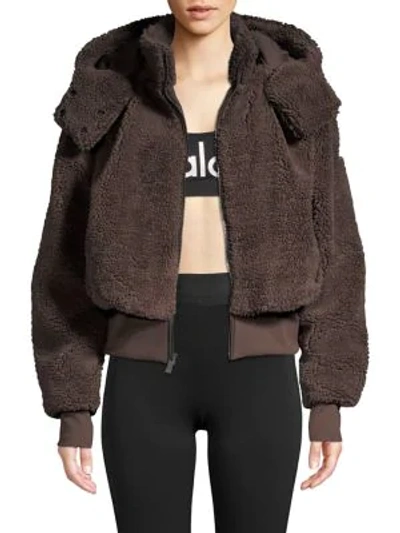 Shop Alo Yoga Foxy Faux-sherpa Hooded Bomber Jacket In Dark Coco