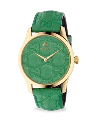 Shop Gucci G-timeless Gold Pvd Case 38mm Pastel Green Leather Strap Watch