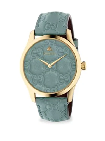 Shop Gucci G-timeless Goldtone Case 38mm Pastel Blue Leather Strap Watch