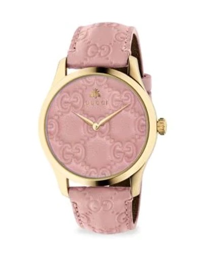 Shop Gucci G-timeless Gold Pvd Case 38mm Pastel Pink Leather Strap Watch