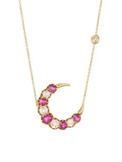 Shop Renee Lewis 18k Gold, Diamond, Sapphire & Ruby Crescent Moon Necklace