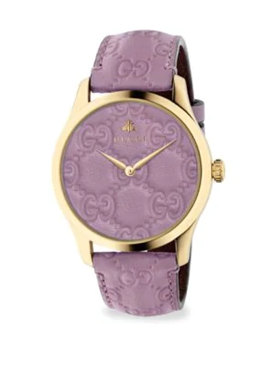Shop Gucci G-timeless Gold Pvd Case 38mm Pastel Purple Leather Strap Watch