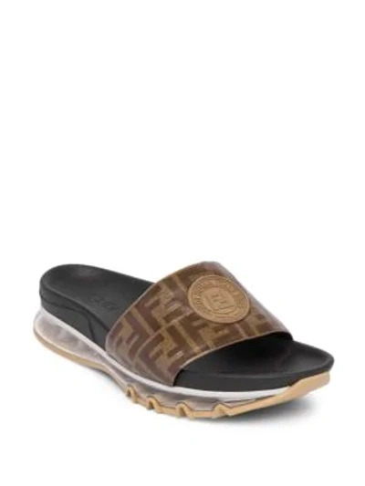 Shop Fendi Logo Print Rubber Slides In Brown