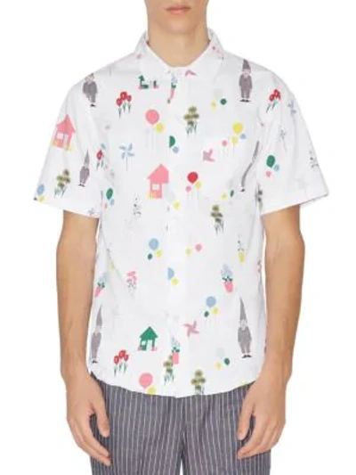 Shop Thom Browne Straight Fit Polo Collar Print Shirt In White