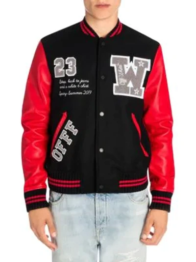 Shop Off-white Luxury Leather & Wool Varsity Jacket In Red Multi