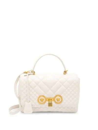 Shop Versace Icon Quilted Leather Top Handle Bag In Off White
