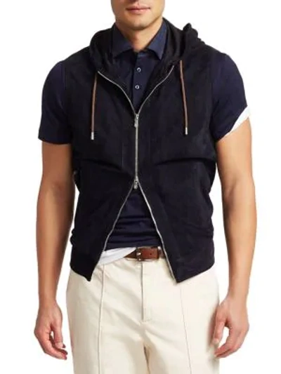 Shop Brunello Cucinelli Hooded Suede Vest In Navy