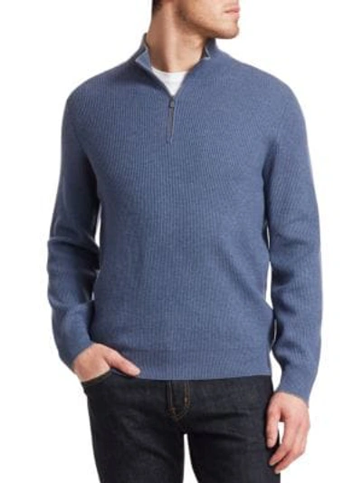 Shop Brunello Cucinelli Half Zip Rib-knit Wool, Silk & Cashmere Sweater In Balt