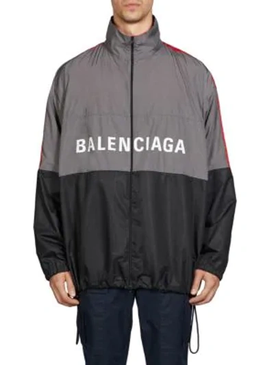 Shop Balenciaga Colorblock Logo Zip-front Jacket In Elephant
