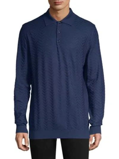 Shop Larusmiani Long-sleeve Wool Jacquard Polo In Navy Blue