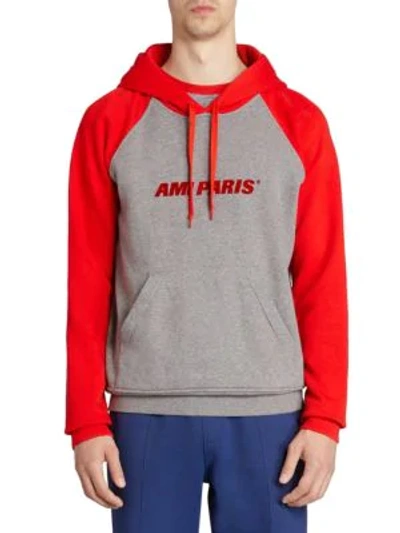 Shop Ami Alexandre Mattiussi Logo Baseball Hooded Sweatshirt In Grey Red