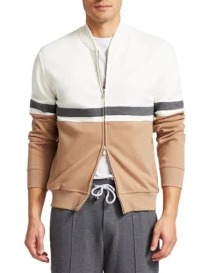 Shop Brunello Cucinelli Colorblock Stripe Zip Sweatshirt In Caramel