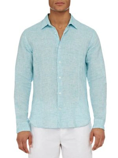 Shop Orlebar Brown Men's Morton Tailored Linen Button-down Shirt In Scuba Blue