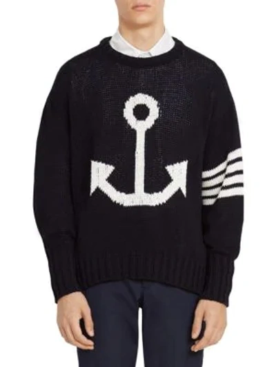 Shop Thom Browne Anchor Icon Intarsia Crewneck Sweater In Navy