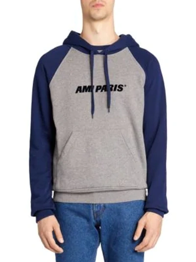 Shop Ami Alexandre Mattiussi Logo Baseball Hooded Sweatshirt In Grey Navy