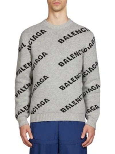 Shop Balenciaga All Over Logo Wool-blend Sweater In Grey Noir