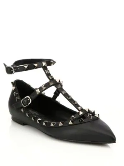 Shop Valentino Rockstud Noir Smooth Leather Cage Flats In Black