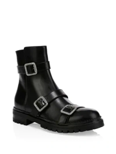 Shop Jimmy Choo Hank Crystal Buckle Leather Combat Boots In Black