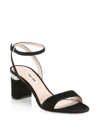 Shop Miu Miu Suede Ankle-strap Jewel-heel Sandals In Black