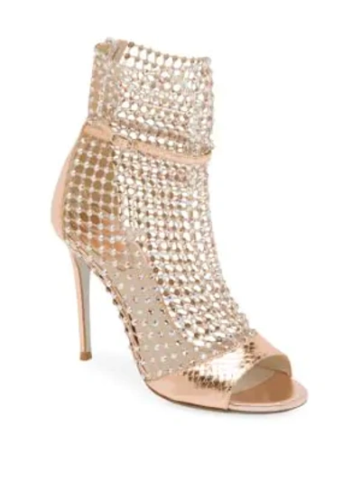 Shop René Caovilla Galaxia Crystal Mesh Snakeskin-embossed Metallic Leather Sandals In Copper