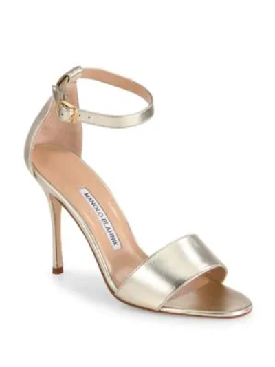 Shop Manolo Blahnik Tressa 105 Metallic Leather Ankle-strap Sandals In Gold
