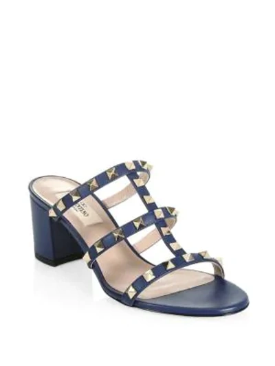 Shop Valentino Rockstud Leather Mules In Blue