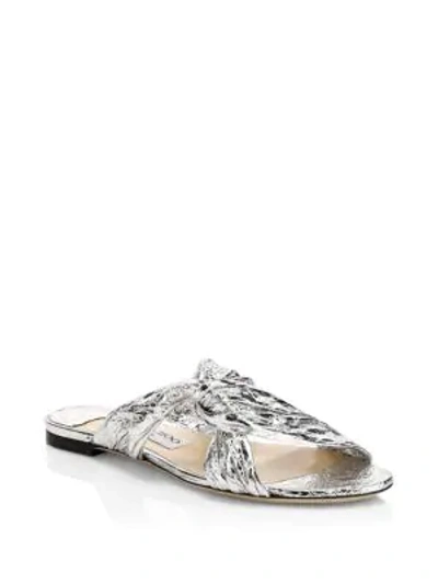 Shop Jimmy Choo Lela Metallic Leather Twist Flat Sandals In Silver