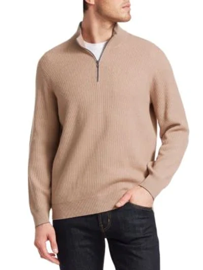 Shop Brunello Cucinelli Half Zip Rib-knit Wool, Silk & Cashmere Sweater In Almond