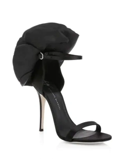 Shop Giuseppe Zanotti Peony Floral Silk Ankle-strap Sandals In Nero