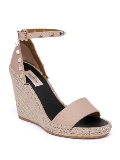 Shop Valentino Rockstud Leather Espadrille Wedge Sandals In Poudre