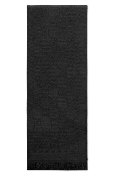 Shop Gucci Gg Jacquard Wool Scarf In Anthracite/ Black