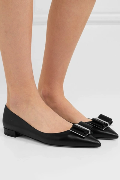 Shop Ferragamo Zeri Bow-embellished Leather Point-toe Flats