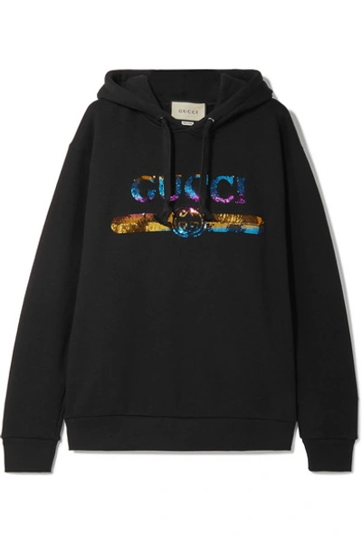 Shop Gucci Sequin-embellished Cotton-jersey Hoodie In Black