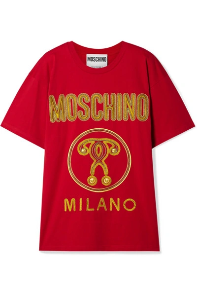 Shop Moschino Oversized Embroidered Cotton-jersey T-shirt In Red