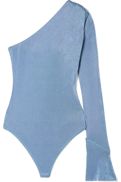 Shop Alix Elridge One-shoulder Stretch-jersey Thong Bodysuit In Light Blue